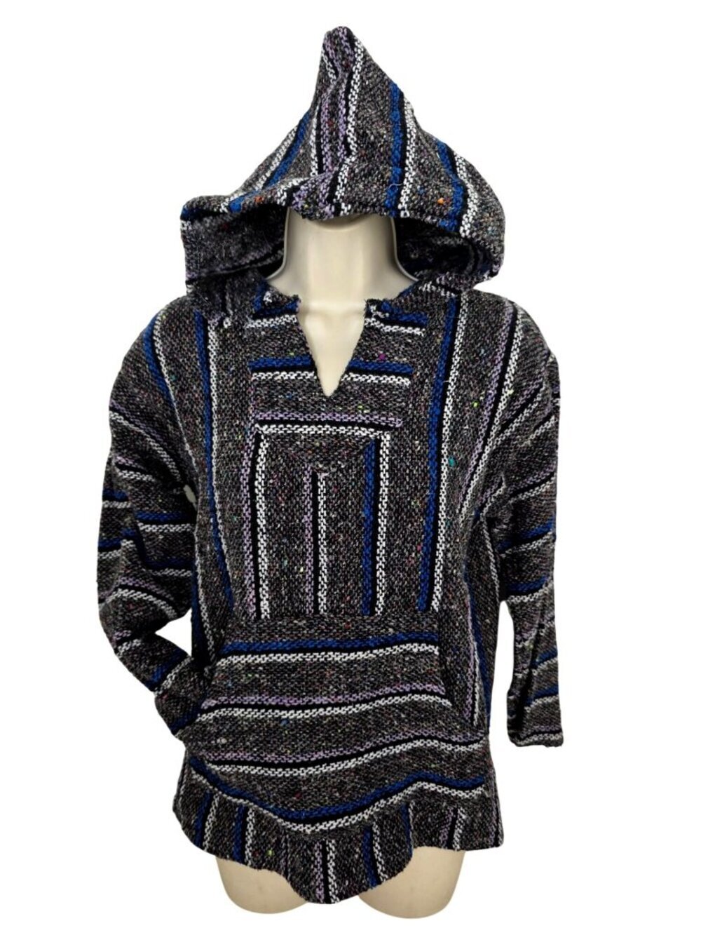 Franks Textiles Stripe Baja Hoodie Women S Black Gray Multi Acrylic Knit Pullove